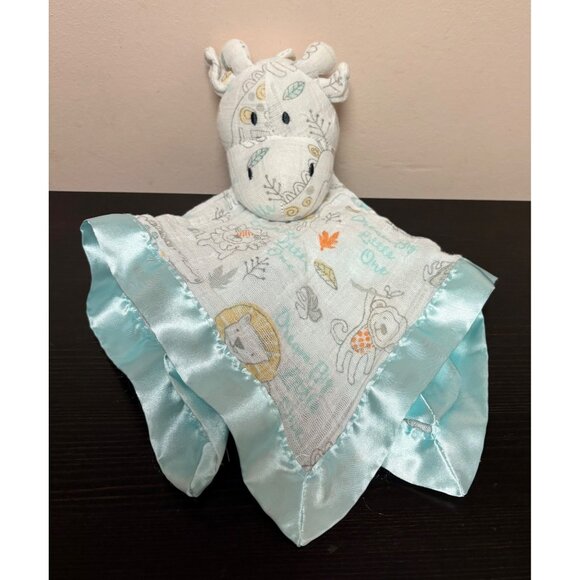 Bananafish Blue Satin Trim Baby Lovey Security Blanket Plush Giraffe Head Safari - Picture 1 of 7